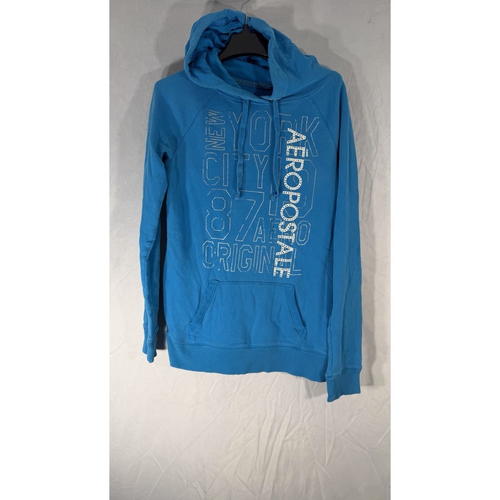aeropostale Pullover Drawstring Hoodie Women's Large Aqua Blue New York Graphic
